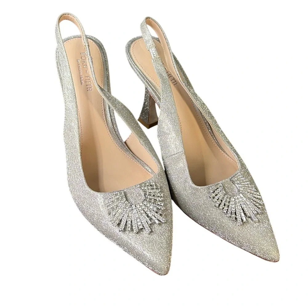 Born on Fifth Antonio Melani Silver Glitter Crystal Slingback Pumps 9.5M‎